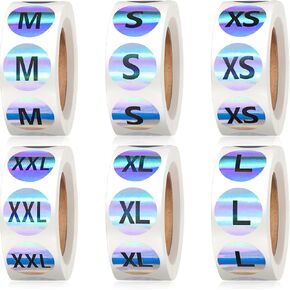 3000 Pcs Size Sticker Clothing Labels Round Circle Labels 7/8 Inch Coded Adhesive Sticker Tags, 6 Rolls, 6 Sizes, XS, S, M, L, XL, XXL(Holographic Rainbow Color)