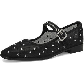 DOEYG Rhinestone Flats for Women Sparkly Mary Jane Flats Square Toe Mary Janes Ballet Shoes Dressy Studded Buckle Ballet Flats with Straps Casual Comfortable Chunky Low Heel Ballerina Shoes Black