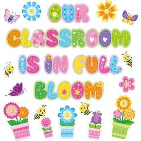 Kosiz 55 PCS Spring Bulletin Decorations Spring Flower Cutouts Butterfly Bee Flower Bulletin Board Decord Decor