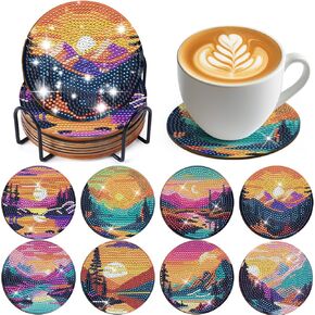 Sitsink Sunrise Diamond Art Coasters - Diamond Painting Coasters with Holder, Forest Woodland Gem Art Painting Kit for Adult DIY Crafts