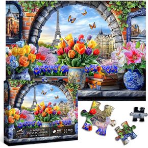 Colorful Flower Puzzles for Adults 1000 Pieces，PICKFORU Vintage Paris Jigsaw Puzzles 1000 Pieces Eiffel Tower，Difficult Plant Puzzle Window Art as Home Decor