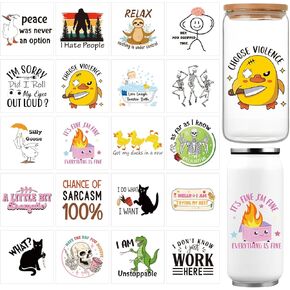 20 Sarcastic UV DTF Transfers - Funny Rub on Stickers for Glass, Wood Crafts