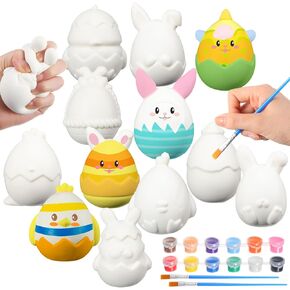 MiniInflat 12 Pcs Easter Eggs Crafts White Eggs Coloring Decorating Kit Squeeze Bunny Toys with Dye Paints Brush for Easter Basket Stuffers Fillers Gifts Hunt Activity Painting Arts Party Favors