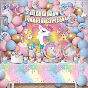 Unicorn Birthday Decorations for Girls, Unicorn Party Supplies Kit, All in One Birthday Decor Set, Birthday Party with 12 Tableware Sets, Banner, Backdrop, Ballons, Paper Plates, Unicorn Foil Balloon