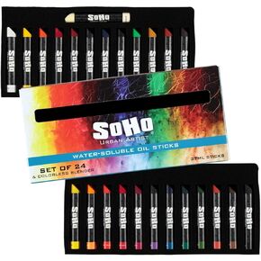 SoHo Urban Artist Water Soluble Oil Sticks for Artists – Set of 24 + Blender Oil Paint Stick - 37 ml - No Brushes or Solvents Needed, Paint Any Primed Surface, Water Clean-Up, Non-Toxic, 4.8 x 0.78