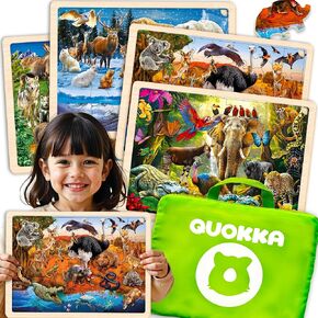 QUOKKA 4SET Puzzles for Kids Ages 4-6 - 24 Pcs Wooden Toddler Realistic Montessori Puzzles Ages 3-5 - Wild Animals Africa Ocean Farm Learning Games for Boys and Girls 4-8 Year Olds
