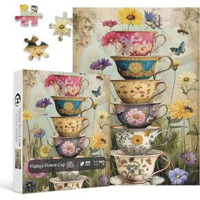 Vintage Flower Cup Puzzle for Adults 1000 Pieces, Nature Challenging Spring Floral Plant Puzzle, Retro Cup Garden Puzzle with Butterfly and Bee as Home Wall Art Decor