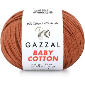 1 Pack (Skein) Gazzal Baby Cotton, 60% Cotton 40% Acrylic, Each Ball 1.76 Oz (50g) / 180 Yards (165m), DK- Worsted, Knitting Yarn, Amigurumi Yarn, Baby Yarn, 3454