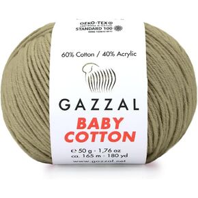 1 Pack (Skein) Gazzal Baby Cotton, 60% Cotton 40% Acrylic, Each Ball 1.76 Oz (50g) / 180 Yards (165m), DK- Worsted, Knitting Yarn, Amigurumi Yarn, Baby Yarn, 3464