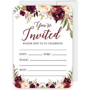 Andaz Press Fall Autumn Burgundy Maroon Floral Flowers, 5X7-Inch Fill In The Blank Bridal Shower Invitations With Envelopes, 24-Pack, Includes Cards & Envelopes Fall Bridal Shower Invitations