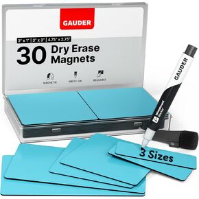 GAUDER Magnetic Dry Erase Labels | Writable Magnets for Classroom, Whiteboard & Blackboard (30 Labels, Mix Colors, 3 Sizes)