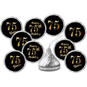 75th Birthday Black Kisses Stickers, (Set of 216) Chocolate Drops Labels Stickers for 75 Birthday, Party Favors Decor for Kisses. Made in USA,