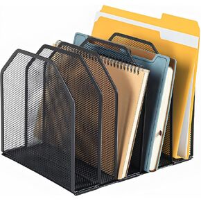 Desk File Organizer, Adjustable 5 Sections Upright Desktop Organizer File Sorter, Sturdy Metal Mesh Vertical Bookshelf File Holder Workspace Accessories for Home,School,Office Classroom,Black