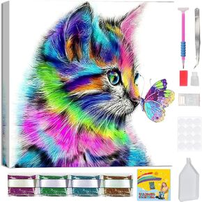 AALBLAC Framed Diamond Painting Kits for Adults - Cat Diamond Art Kits for Adults Beginners,DIY Round Full Drill Colorful Cat and Butterfly Gem Art for Adults,Gifts Decor 9.8x9.8inch(with Gift Box)