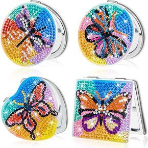 Diamond Painting Mirror,Pocket Mirror Cover Portable Magnifying Folding Purse Mirror,DIY Diamond Painting Compact Mirror 4 Pcs Christmas Birthday Gifts for Women Girls.(Geometry)