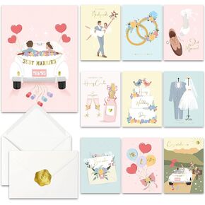 AUDREE 10 Modern Gold Foil Wedding Cards for Bride and Groom with Envelopes (5"x7") - Assorted Greeting Cards For Bridal Shower, Engagement, Newlywed, Wedding Congratulations