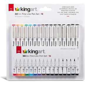 KINGART 436-16 PRO Inkline Color + Black Micro Line & Precision Graphic Pens, 8 COLORS Size 03 (0.35 mm) Nibs, 8 BLACK Assorted Tips, Archival Waterproof Japanese Ink, Art, Illustration, Lettering, Comics & Anime
