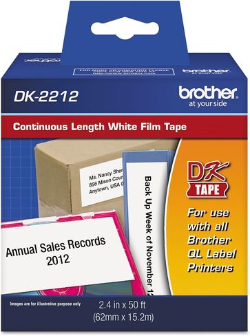 Brother Genuine DK-2212 Continuous Length Black on White Film Tape for Brother QL Label Printers, 2.4" x 50' (62mm x 15.2M), 1 Roll per Box, DK2212,Black/White in Kuwait