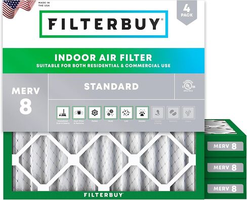 Filterbuy 16x25x4 Air Filter MERV 8 Dust Defense (4-Pack), Pleated HVAC AC Furnace Air Filters Replacement (Actual Size: 15.38 x 24.38 x 3.63 Inches) in Kuwait