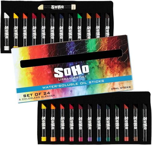SoHo Urban Artist Water Soluble Oil Sticks for Artists – Set of 24 + Blender Oil Paint Stick - 37 ml - No Brushes or Solvents Needed, Paint Any Primed Surface, Water Clean-Up, Non-Toxic, 4.8 x 0.78 in Saudi Arabia