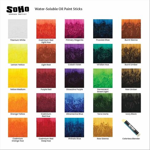 SoHo Urban Artist Water Soluble Oil Sticks for Artists – Set of 24 + Blender Oil Paint Stick - 37 ml - No Brushes or Solvents Needed, Paint Any Primed Surface, Water Clean-Up, Non-Toxic, 4.8 x 0.78 in Saudi Arabia