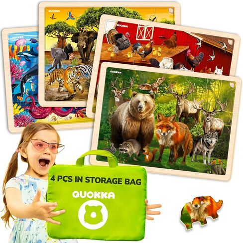 QUOKKA 4SET Puzzles for Kids Ages 4-6 - 24 Pcs Wooden Toddler Realistic Montessori Puzzles Ages 3-5 - Wild Animals Africa Ocean Farm Learning Games for Boys and Girls 4-8 Year Olds in Kuwait