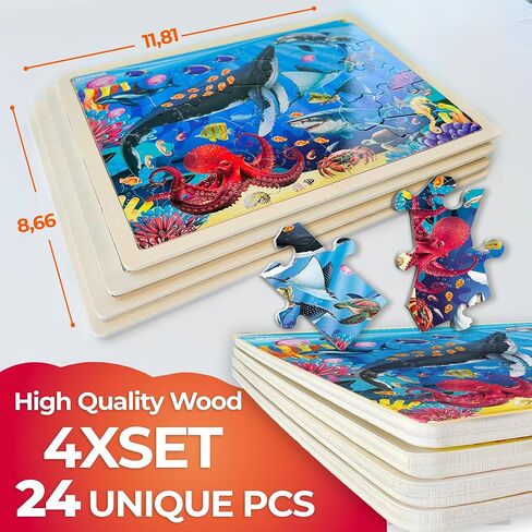 QUOKKA 4SET Puzzles for Kids Ages 4-6 - 24 Pcs Wooden Toddler Realistic Montessori Puzzles Ages 3-5 - Wild Animals Africa Ocean Farm Learning Games for Boys and Girls 4-8 Year Olds in Kuwait
