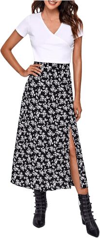 Floerns Women's Boho Floral High Waist Split A Line Midi Skirt Burgundy X-Small in Kuwait
