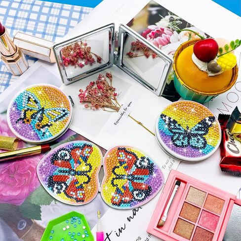 Diamond Painting Mirror,Pocket Mirror Cover Portable Magnifying Folding Purse Mirror,DIY Diamond Painting Compact Mirror 4 Pcs Christmas Birthday Gifts for Women Girls.(Geometry) in Kuwait