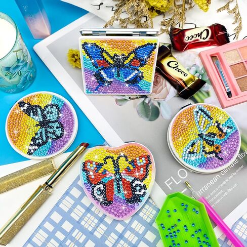 Diamond Painting Mirror,Pocket Mirror Cover Portable Magnifying Folding Purse Mirror,DIY Diamond Painting Compact Mirror 4 Pcs Christmas Birthday Gifts for Women Girls.(Geometry) in Kuwait