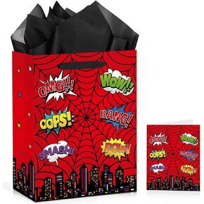 Spider Gift Bag Spider Birthday Party Gift Bag with Handles Tissue Paper and Card Red Spider Webs Wrapping Paper Bag Favor Treat Bags Spider Birthday Party Decorations for Boys Men Birthday Supplies