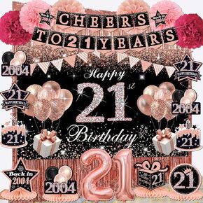 21st birthday decorations for her,black rose gold cheers to 21 years banner,happy 21st birthday Backdrop,2004 Hanging Swirl,paper Poms,honeycomb centerpiece,21 Birthday Party Supplies for women
