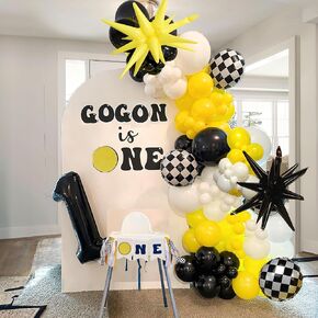 One Happy Dude Balloon Arch Garland Kit, 126Pcs 18" 12" 10" 5" Yellow Black Balloons with Checkered Foil Balloons for One Happy Dude Birthday Decorations Baby Shower Boys 1st Birthday Party Supplies