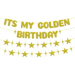 Pre Strung,Its My Golden Birthday Party Decoration,Gold Glitter Birthday Banner Set with Stars