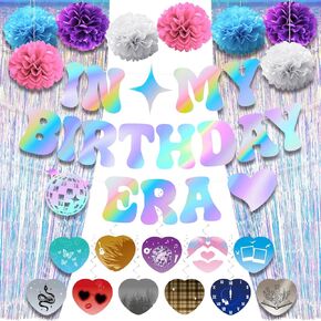 M AMFEOV Birthday Banner Decorations,IN MY BIRTHDAY ERA Party Decorations Kit,Happy Birthday Party Supplies with Iridescent Banner Hanging Swirls and Colorful Metallic Tinsel Foil Fringe Curtains