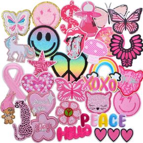 30 Pieces Pink Series Embroidered Iron on Patches Cute Smiley Heart Star Rainbow Repair Decorative Patch Sewing Appliques for Clothes Dress Hats Jeans Backpacks DIY Accessories