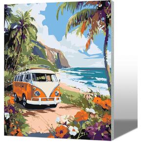 MAXBYE Tour Bus Framed Paint by Numbers Adult Kit, Seaside Landscape DIY Acrylic Painting Paint by Number On Canvas with Frame, Arts and Crafts for Home Wall Decor 12x16inch