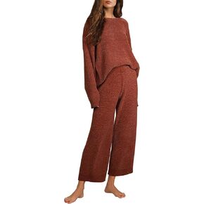 Chenille Pajama Sets Women's 2 Piece Loungewear Knit Sweater Long Sleeve Top Wide Leg Pants Lounge Sets