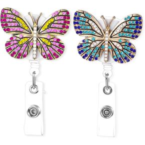 Rhinestone Butterflies Retractable Badge Reel, 2 Pack Bling Diamond Nurse Badge Reels with Alligator Clip, Cute ID Name Tag Badge Holder for Teacher Students Office Work (Blue, Pink)