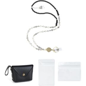 Retractable Lanyards for Women Teachers,Adjustable ID Badge Holder Keychain with Natural Stone Beads, Professional Office Lanyard Includes PU Pouch (Black)