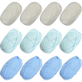 12 PCS T-Shirt Yarn Elastic Fabric Crochet Cloth Yarn for DIY Knitting, Spaghetti Yarn Thick Knitting Yarn for Hand DIY Bag Blanket Cushion Crocheting Projects,Home Decor(White+Aqua Blue+Sky Blue)