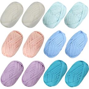 12 PCS T-Shirt Yarn Elastic Fabric Crochet Cloth Yarn for DIY Knitting, Spaghetti Yarn Thick Knitting Yarn for Hand DIY Bag Blanket Cushion Crocheting Projects,Home Decor(White+Aqua Blue+Sky Blue)