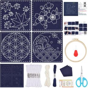 FREEBLOSS 4 Set Sashiko Coasters DIY Kit with Instructions Pre- Printed Sashiko Kit for Beginners Sashiko Practice Project Cherry Blossoms and Waves Embroidery Kit Sashiko Cloth Coaster