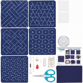 ORIGACH 5 Set DIY Sashiko Coaster Kit, Coaster Making Kit for Adults with Japanese Traditional Patterns, English Instruction, Sashiko Kit for Beginners