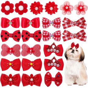 24Pcs Red Small Dog Hair Bows Cute Puppy Dog Bowknot Hair Bow Bulk with Rubber Bands Elastic Lace Rhinestone Pearls Hair Ties Mix Style Handmade Flower Bow Dog Cat (Red, Strong Pattern)