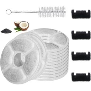 21-Pack Cat Fountain Filter Replacement Set - Compatible with 84oz/2.5L Square Pet Water Fountains, Includes 16 Carbon Filters, 4 Sponges, and 1 Cleaning Brush for Cats and Dogs