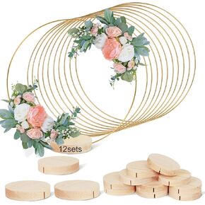 GUDELAK 25Pcs 12 Inch Floral Hoop Centerpiece Table Decorations, Metal Gold Center Pieces Decoration for Table with Wood Round Base, Table Centerpieces for DIY Wedding Decor Wall Hanging Crafts