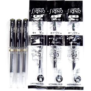 Uni-Ball Signo Broad Point Gel Impact Pen Black Ink (UM153.24), 3 pens + Refill (UMR10.24)×3 Packs/total 3 Refills Set (Japan Import)