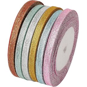 Fashewelry 6 Rolls 198 Yards Sparkly Glitter Fabric Ribbon 1/4-Inch 6mm Metallic Sheer Organza Ribbon 6 Colors for Jewelry Bows Making Party Wedding Present Package Wrapping