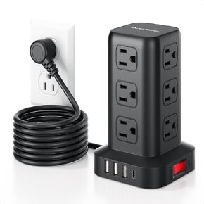 Surge Protector Power Strip 10 FT Cord, Power Strip Tower with 4 USB Ports (1USB C), Extension Cord with 12 AC Multiple Outlets, Home Office Supplies Desk Accessories, Dorm Room Essentials